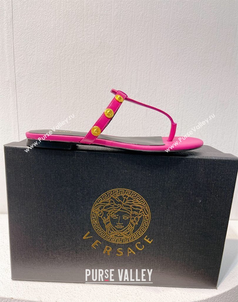 Versace Medusa Calfskin Flat Thong Slides Sandal with Logo Charm Dark Pink 2024 0612 (MD-240612166)