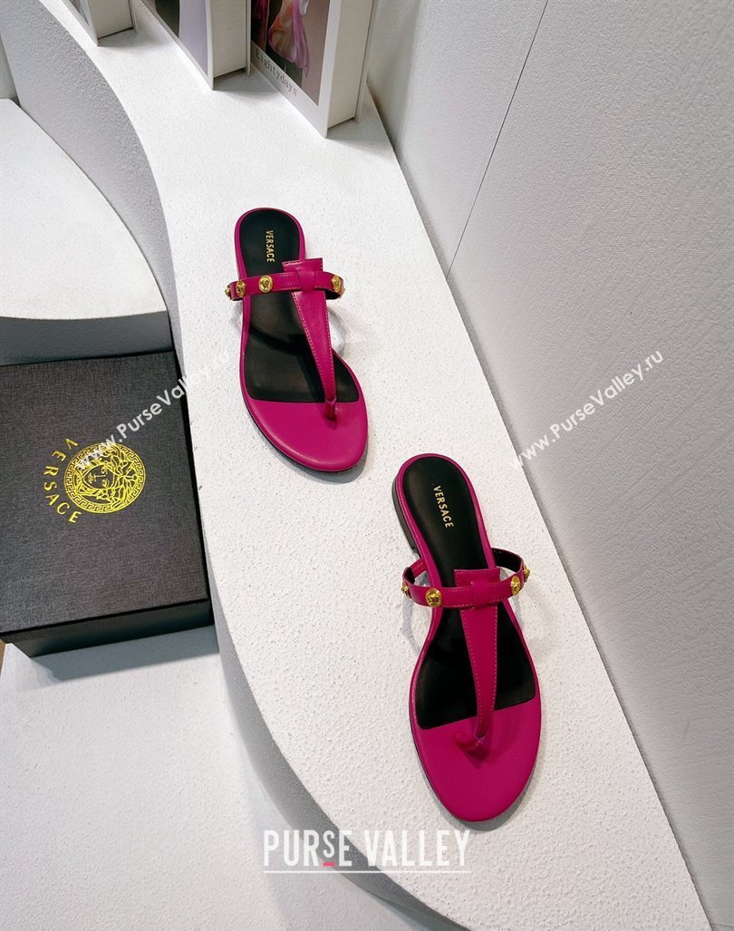 Versace Medusa Calfskin Flat Thong Slides Sandal with Logo Charm Dark Pink 2024 0612 (MD-240612166)