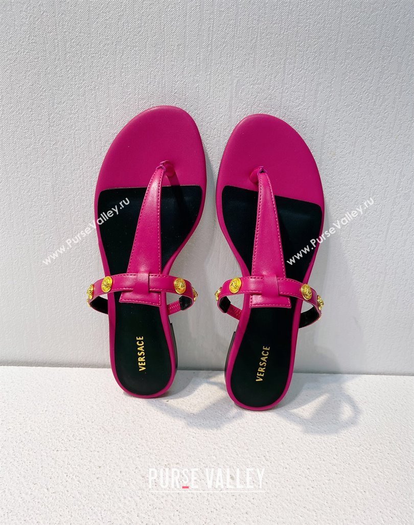 Versace Medusa Calfskin Flat Thong Slides Sandal with Logo Charm Dark Pink 2024 0612 (MD-240612166)