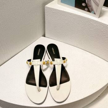 Versace Medusa Calfskin Flat Thong Slides Sandal with Logo Charm White 2024 0612 (MD-240612168)