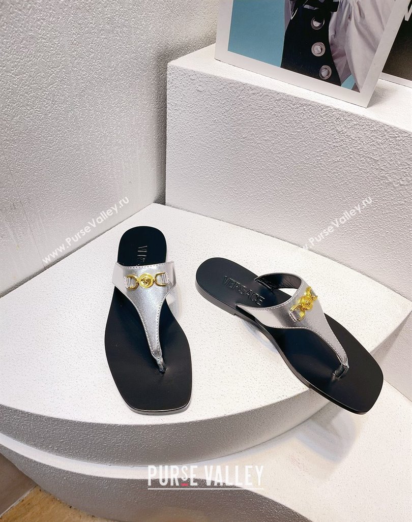 Versace Medusa 95 Calfskin Flat Thong Slides Sandal Silver 2024 0612 (MD-240612142)