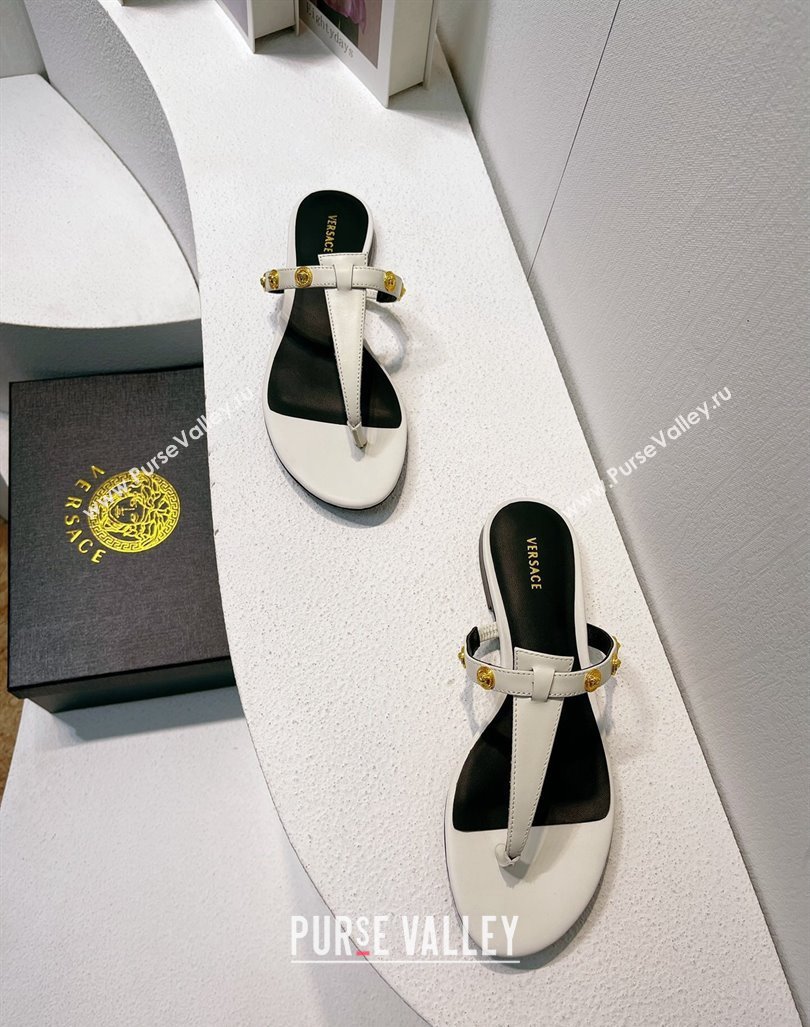 Versace Medusa Calfskin Flat Thong Slides Sandal with Logo Charm White 2024 0612 (MD-240612168)