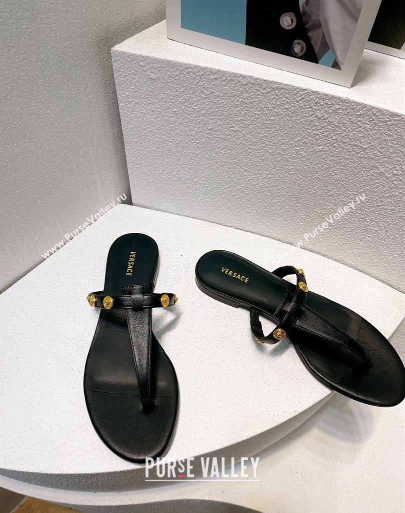 Versace Medusa Calfskin Flat Thong Slides Sandal with Logo Charm Black 2024 0612 (MD-240612169)