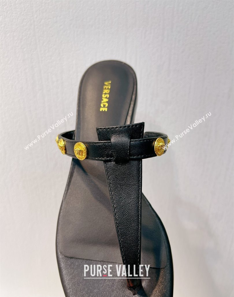 Versace Medusa Calfskin Flat Thong Slides Sandal with Logo Charm Black 2024 0612 (MD-240612169)