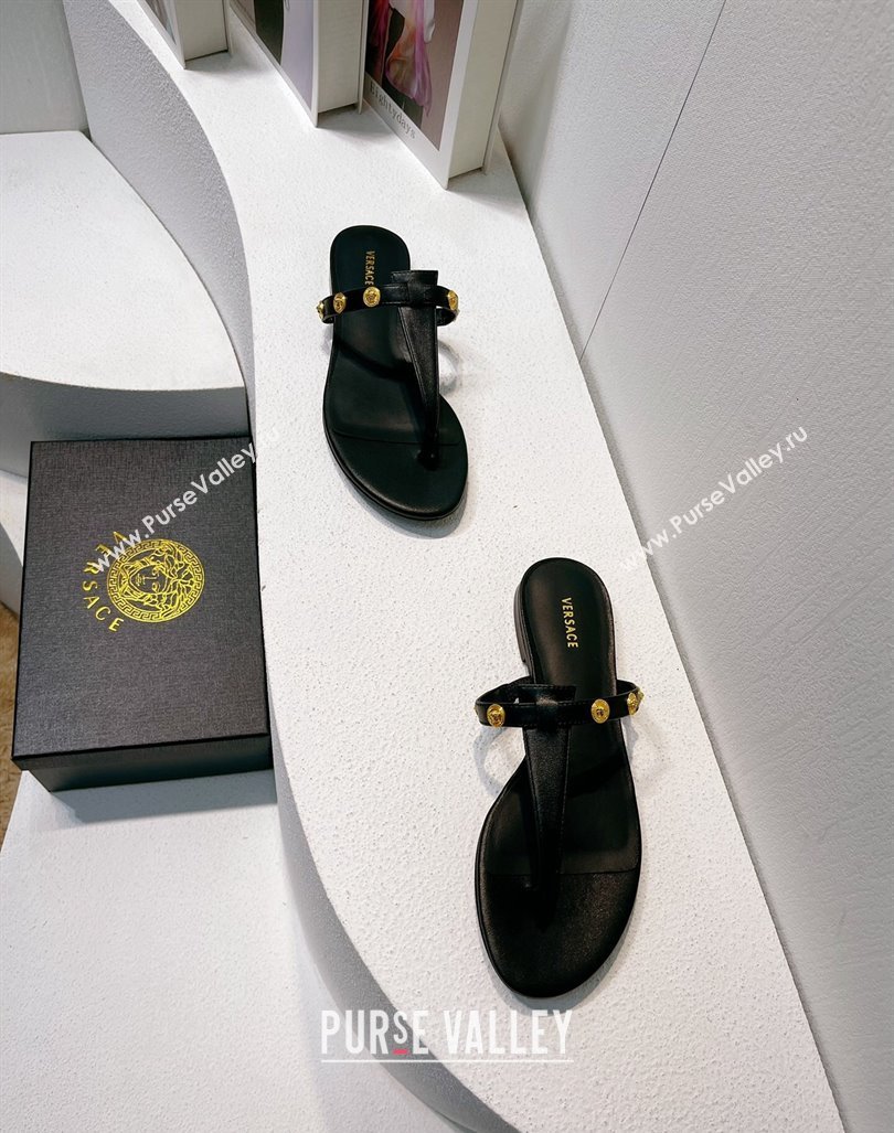 Versace Medusa Calfskin Flat Thong Slides Sandal with Logo Charm Black 2024 0612 (MD-240612169)