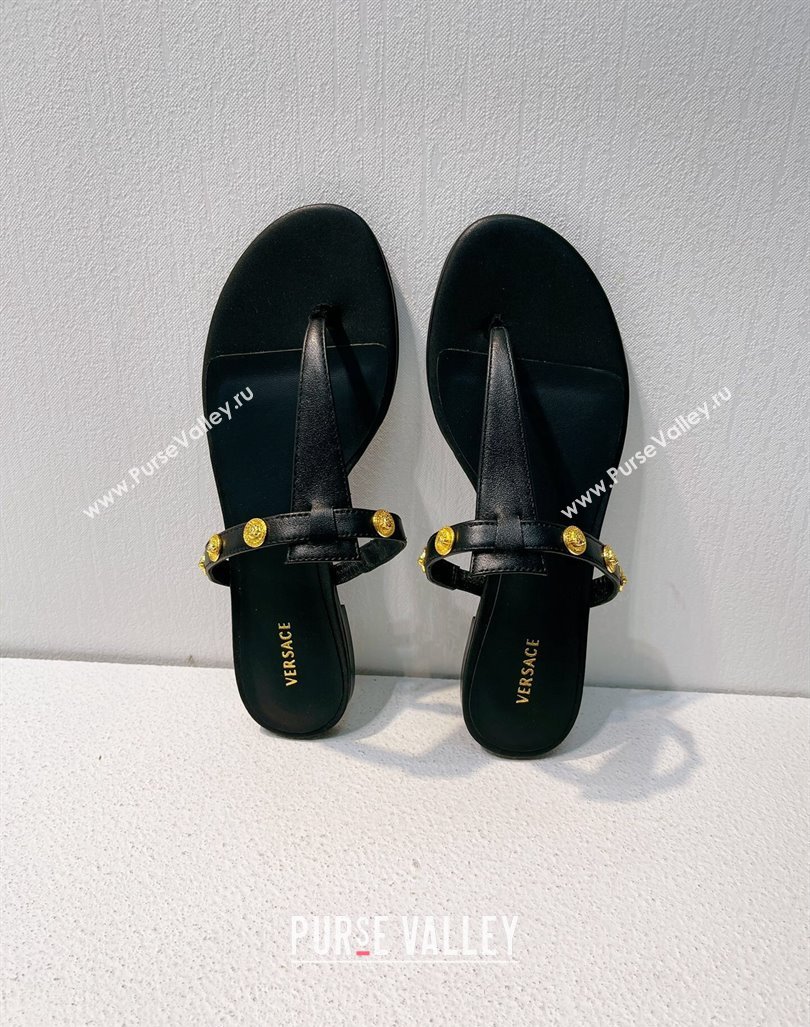 Versace Medusa Calfskin Flat Thong Slides Sandal with Logo Charm Black 2024 0612 (MD-240612169)