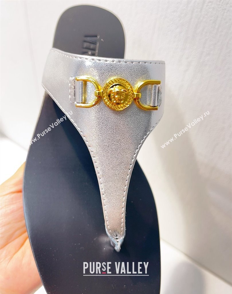 Versace Medusa 95 Calfskin Flat Thong Slides Sandal Silver 2024 0612 (MD-240612142)