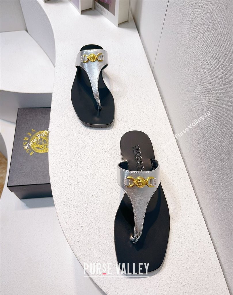 Versace Medusa 95 Calfskin Flat Thong Slides Sandal Silver 2024 0612 (MD-240612142)