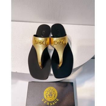 Versace Medusa 95 Calfskin Flat Thong Slides Sandal Gold 2024 0612 (MD-240612143)