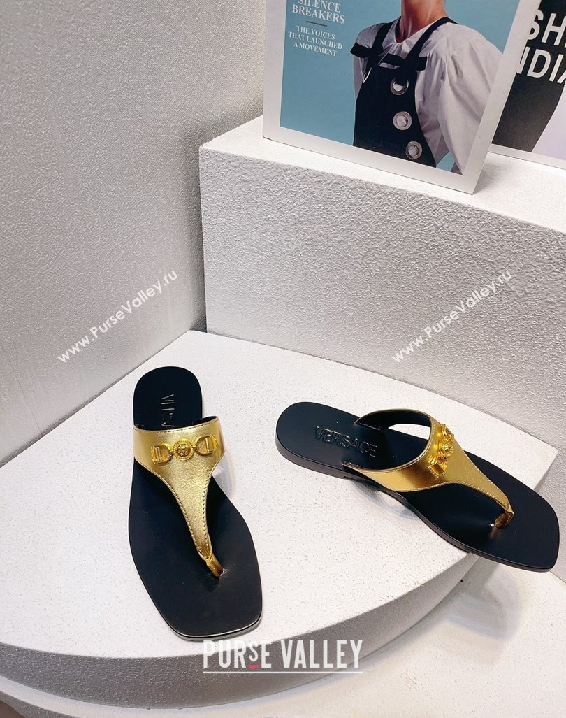 Versace Medusa 95 Calfskin Flat Thong Slides Sandal Gold 2024 0612 (MD-240612143)