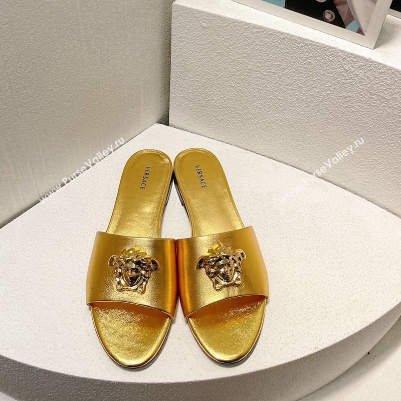 Versace Medusa Calfskin Flat Slides Sandal Gold 2024 061202 (MD-240612172)