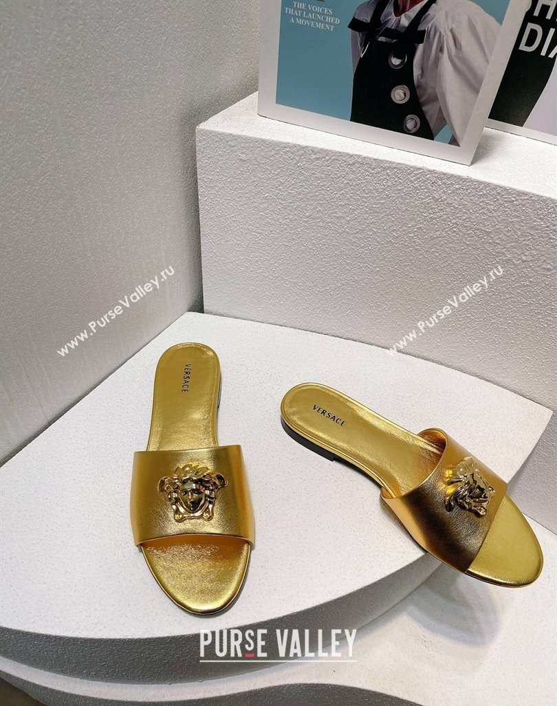 Versace Medusa Calfskin Flat Slides Sandal Gold 2024 061202 (MD-240612172)