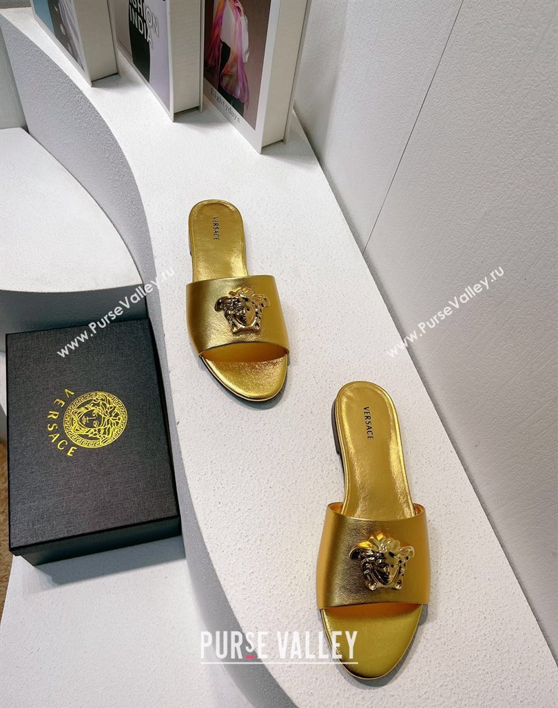 Versace Medusa Calfskin Flat Slides Sandal Gold 2024 061202 (MD-240612172)