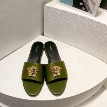 Versace Medusa Calfskin Flat Slides Sandal Dark Green 2024 061202 (MD-240612173)