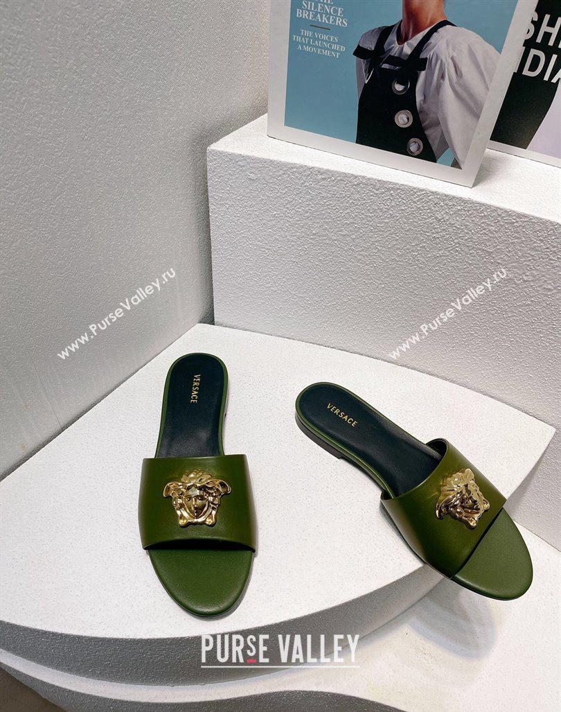 Versace Medusa Calfskin Flat Slides Sandal Dark Green 2024 061202 (MD-240612173)