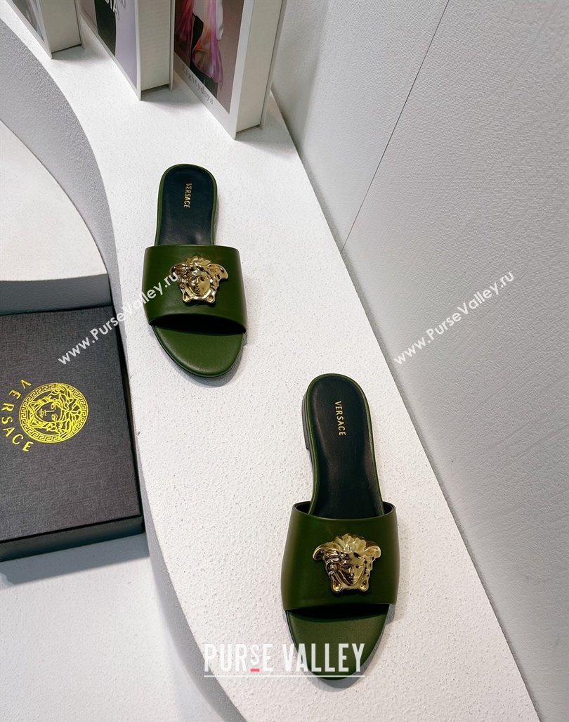 Versace Medusa Calfskin Flat Slides Sandal Dark Green 2024 061202 (MD-240612173)