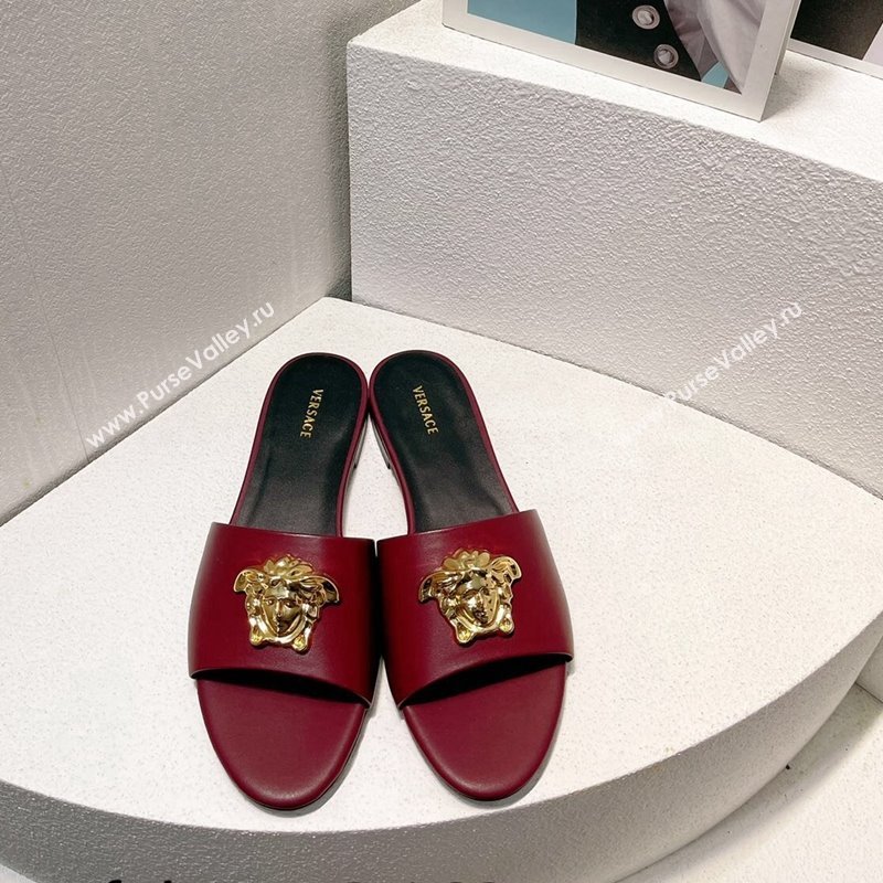 Versace Medusa Calfskin Flat Slides Sandal Burgundy 2024 061202 (MD-240612174)