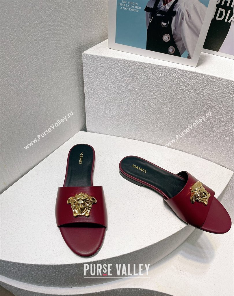 Versace Medusa Calfskin Flat Slides Sandal Burgundy 2024 061202 (MD-240612174)