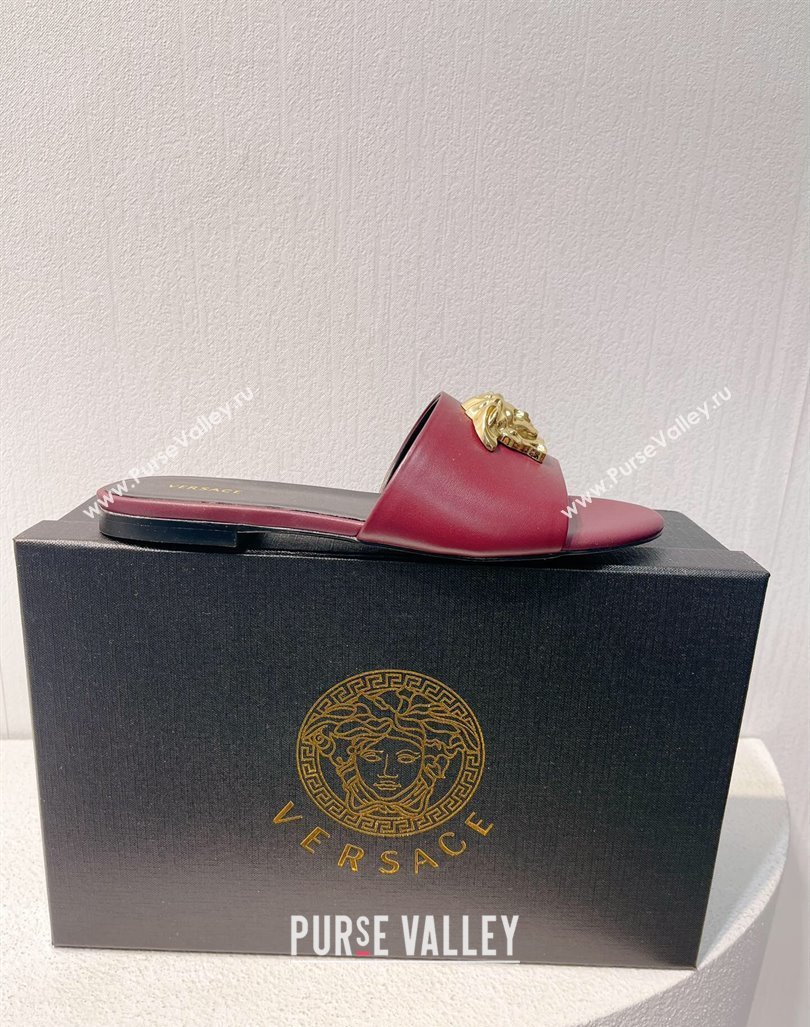 Versace Medusa Calfskin Flat Slides Sandal Burgundy 2024 061202 (MD-240612174)