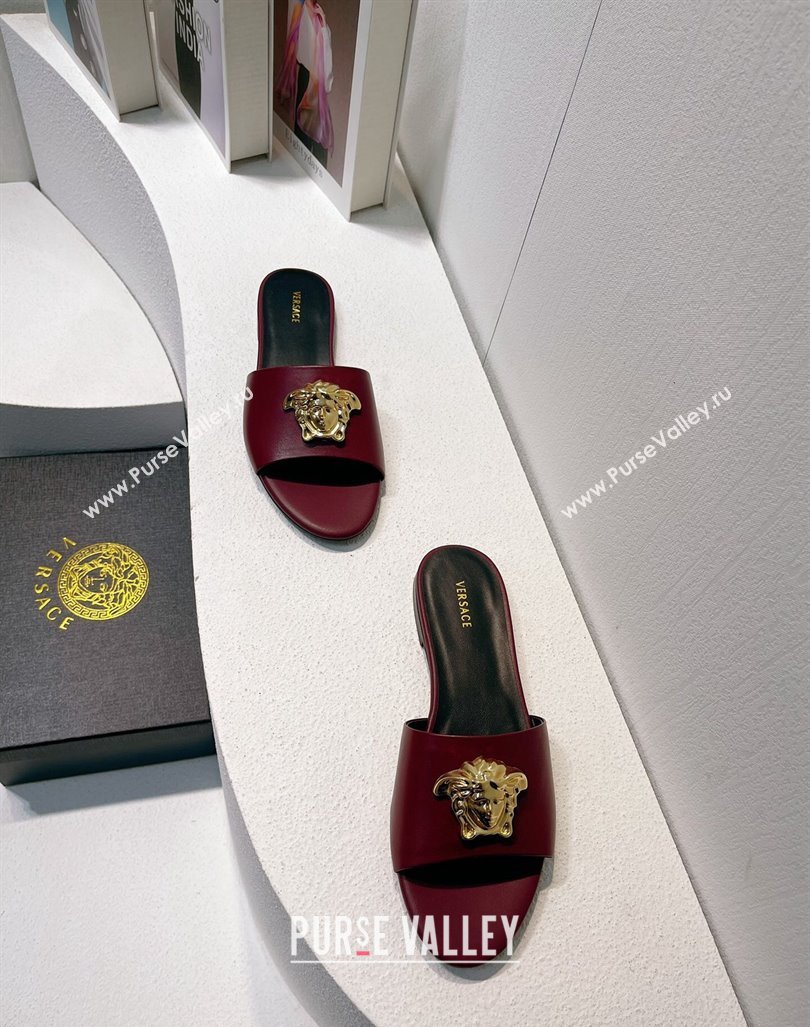 Versace Medusa Calfskin Flat Slides Sandal Burgundy 2024 061202 (MD-240612174)