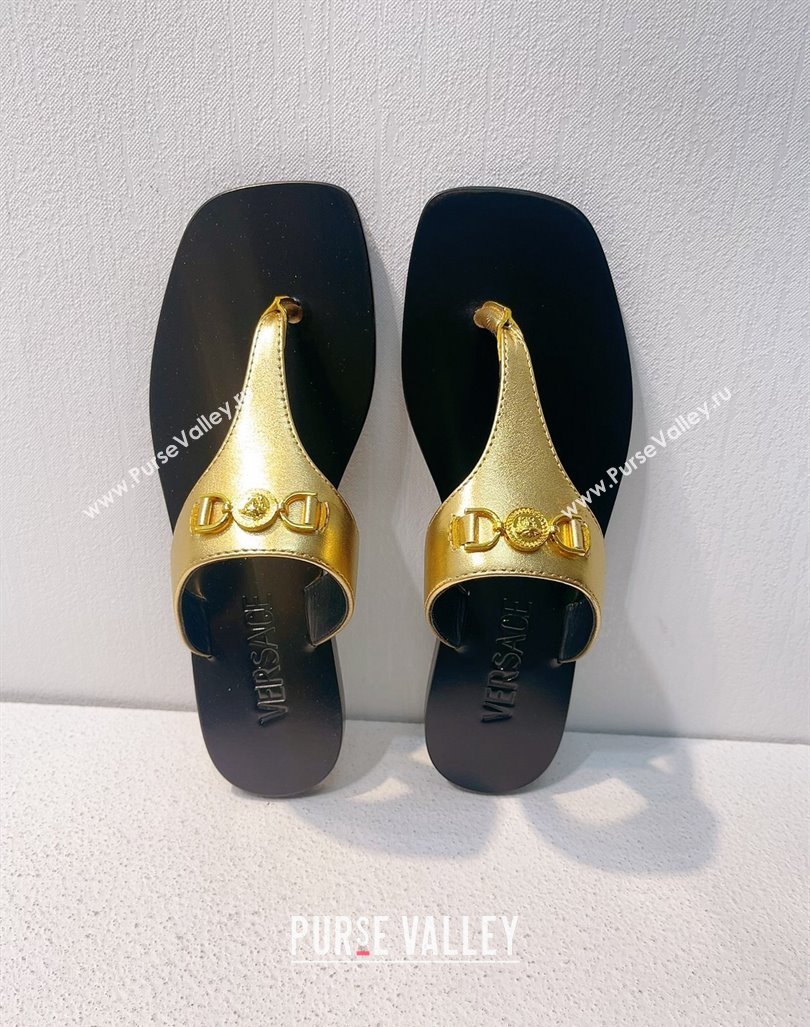 Versace Medusa 95 Calfskin Flat Thong Slides Sandal Gold 2024 0612 (MD-240612143)