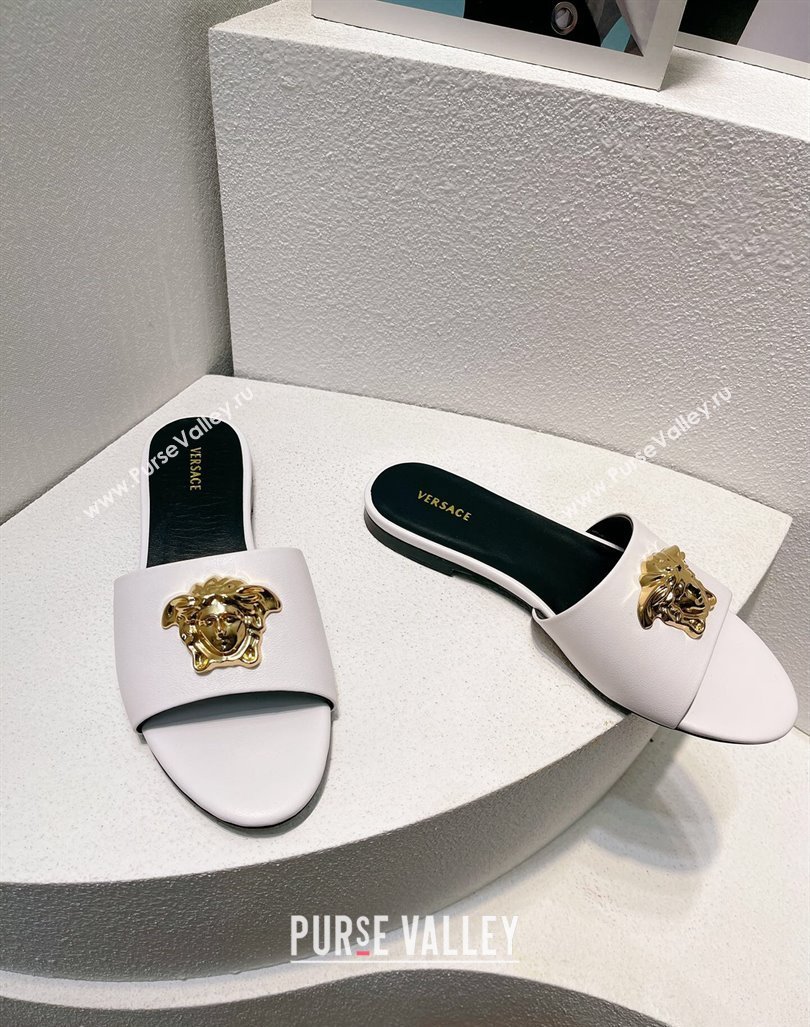 Versace Medusa Calfskin Flat Slides Sandal White 2024 061202 (MD-240612180)