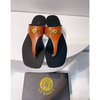 Versace Medusa 95 Calfskin Flat Thong Slides Sandal Brown 2024 0612 (MD-240612144)