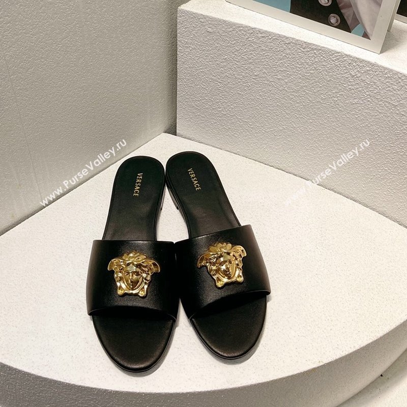 Versace Medusa Calfskin Flat Slides Sandal Black 2024 061202 (MD-240612181)