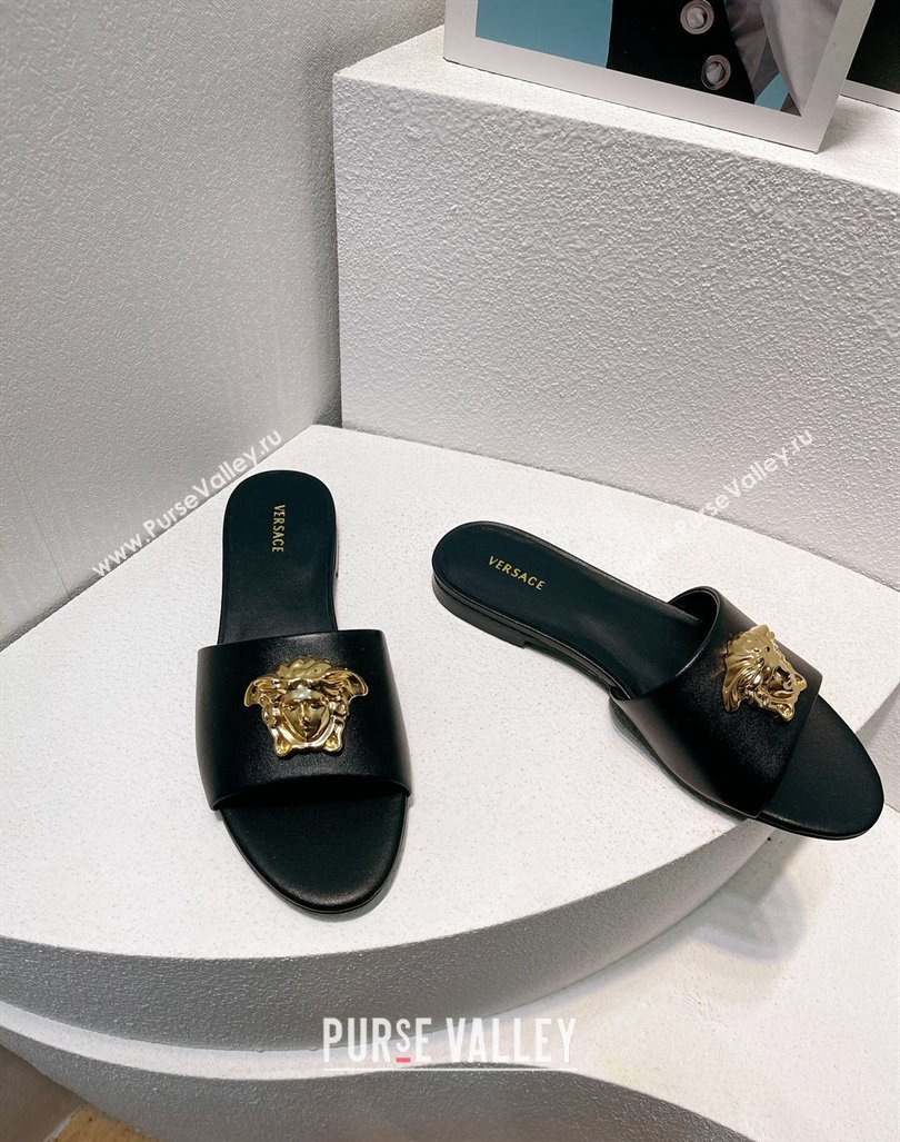 Versace Medusa Calfskin Flat Slides Sandal Black 2024 061202 (MD-240612181)