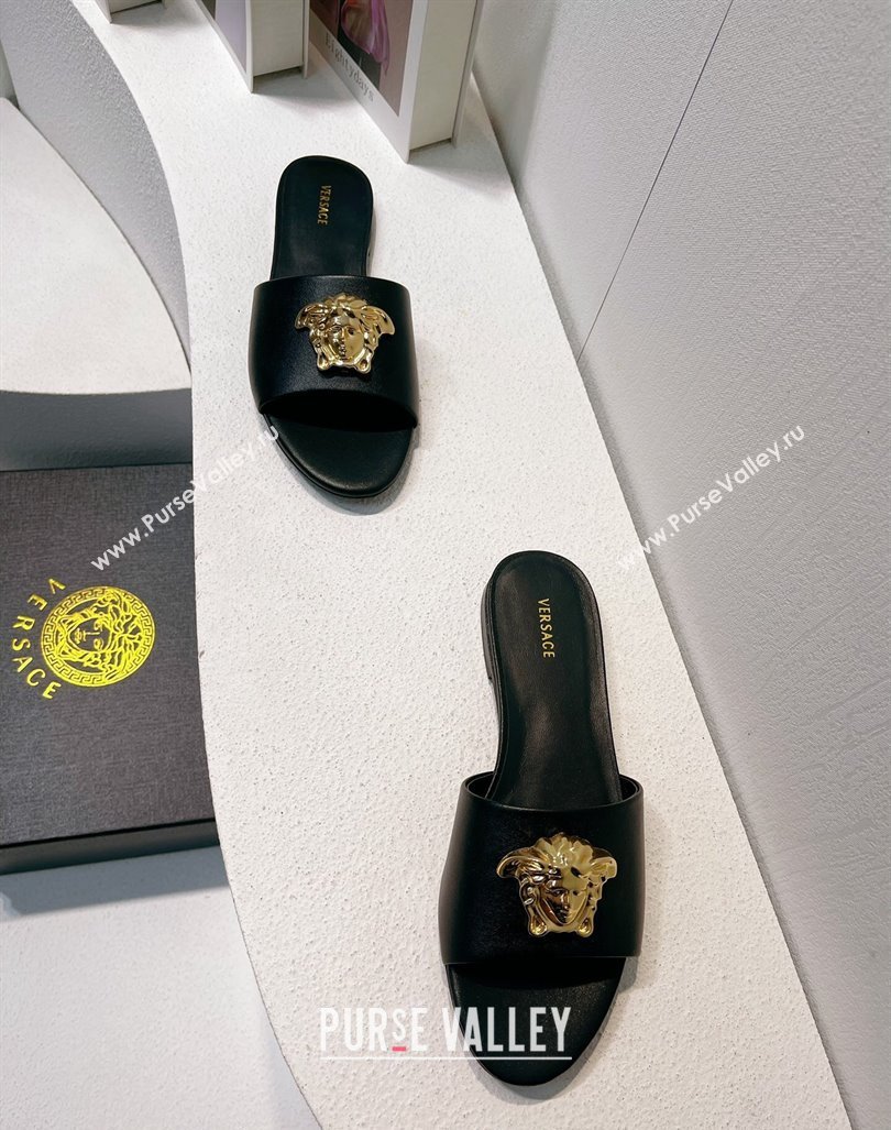 Versace Medusa Calfskin Flat Slides Sandal Black 2024 061202 (MD-240612181)