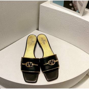 Valentino The Bold Edition VLogo Flat Slides Sandal in Calfskin Black/Gold 2024 061202 (MD-240612182)