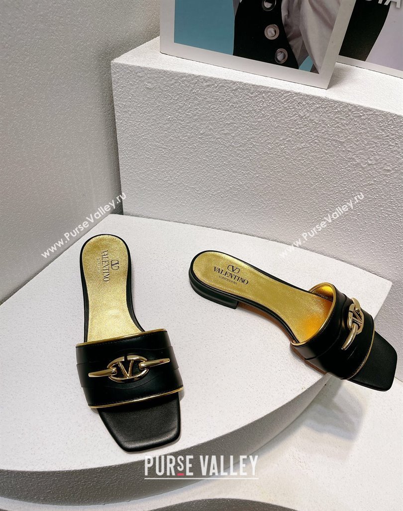 Valentino The Bold Edition VLogo Flat Slides Sandal in Calfskin Black/Gold 2024 061202 (MD-240612182)