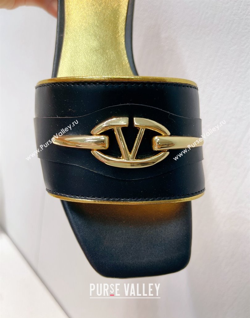 Valentino The Bold Edition VLogo Flat Slides Sandal in Calfskin Black/Gold 2024 061202 (MD-240612182)