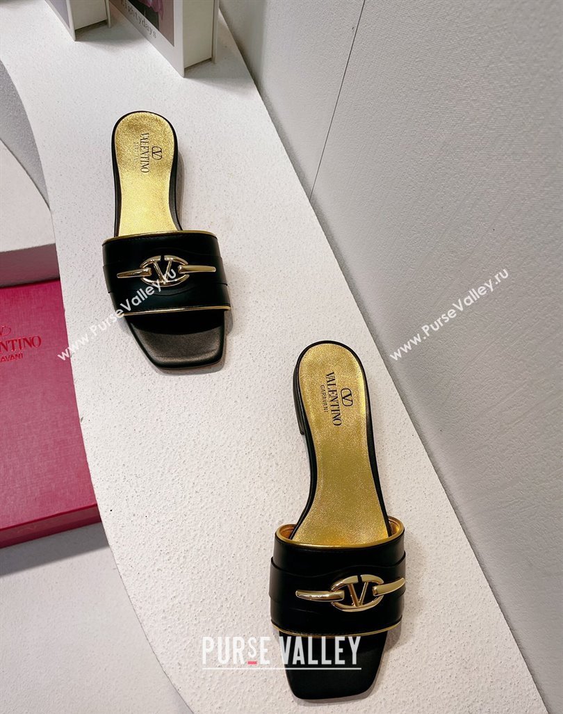 Valentino The Bold Edition VLogo Flat Slides Sandal in Calfskin Black/Gold 2024 061202 (MD-240612182)