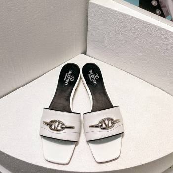 Valentino The Bold Edition VLogo Flat Slides Sandal in Calfskin White/Silver 2024 061202 (MD-240612183)