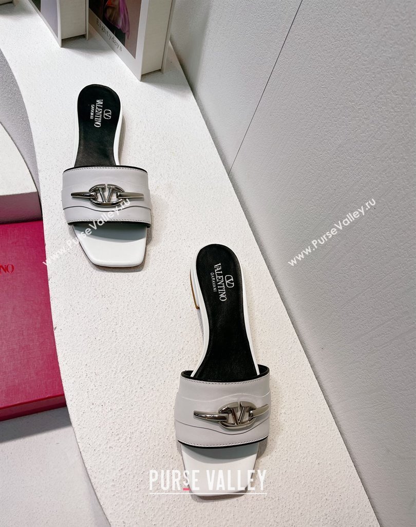 Valentino The Bold Edition VLogo Flat Slides Sandal in Calfskin White/Silver 2024 061202 (MD-240612183)