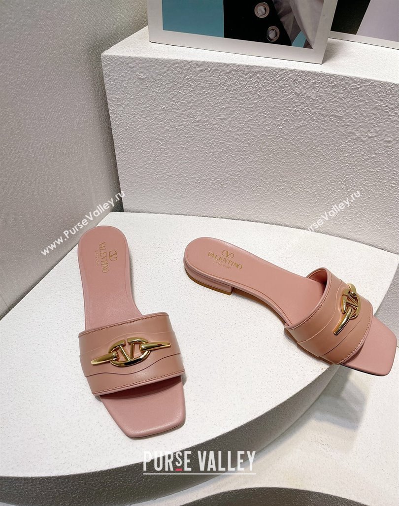 Valentino The Bold Edition VLogo Flat Slides Sandal in Calfskin Light Pink 2024 061202 (MD-240612188)