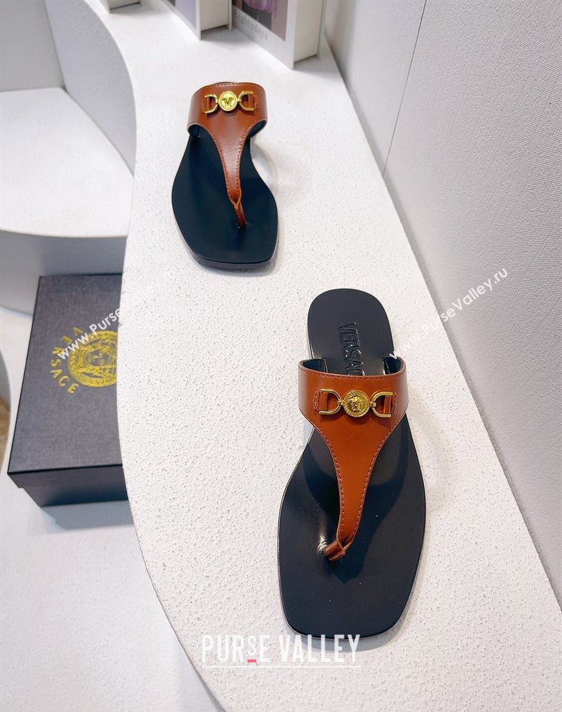 Versace Medusa 95 Calfskin Flat Thong Slides Sandal Brown 2024 0612 (MD-240612144)