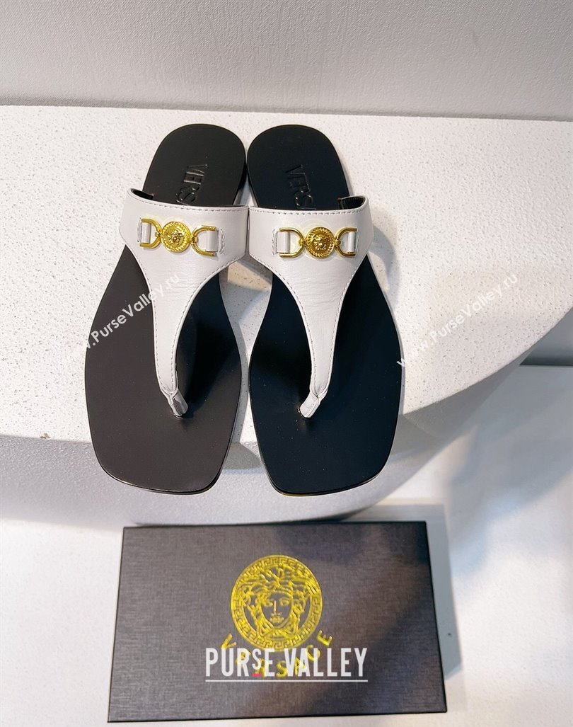 Versace Medusa 95 Calfskin Flat Thong Slides Sandal White 2024 0612 (MD-240612148)