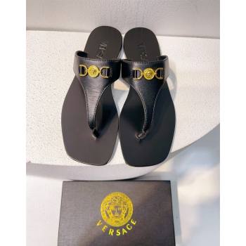 Versace Medusa 95 Calfskin Flat Thong Slides Sandal Black 2024 0612 (MD-240612149)