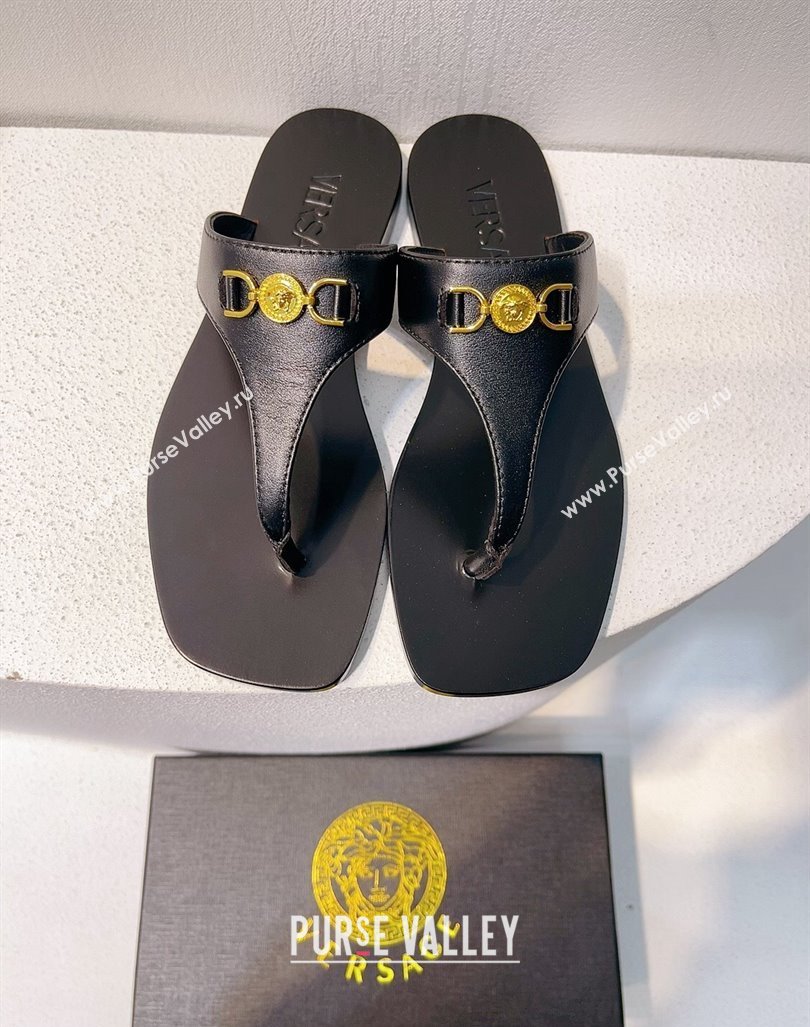 Versace Medusa 95 Calfskin Flat Thong Slides Sandal Black 2024 0612 (MD-240612149)