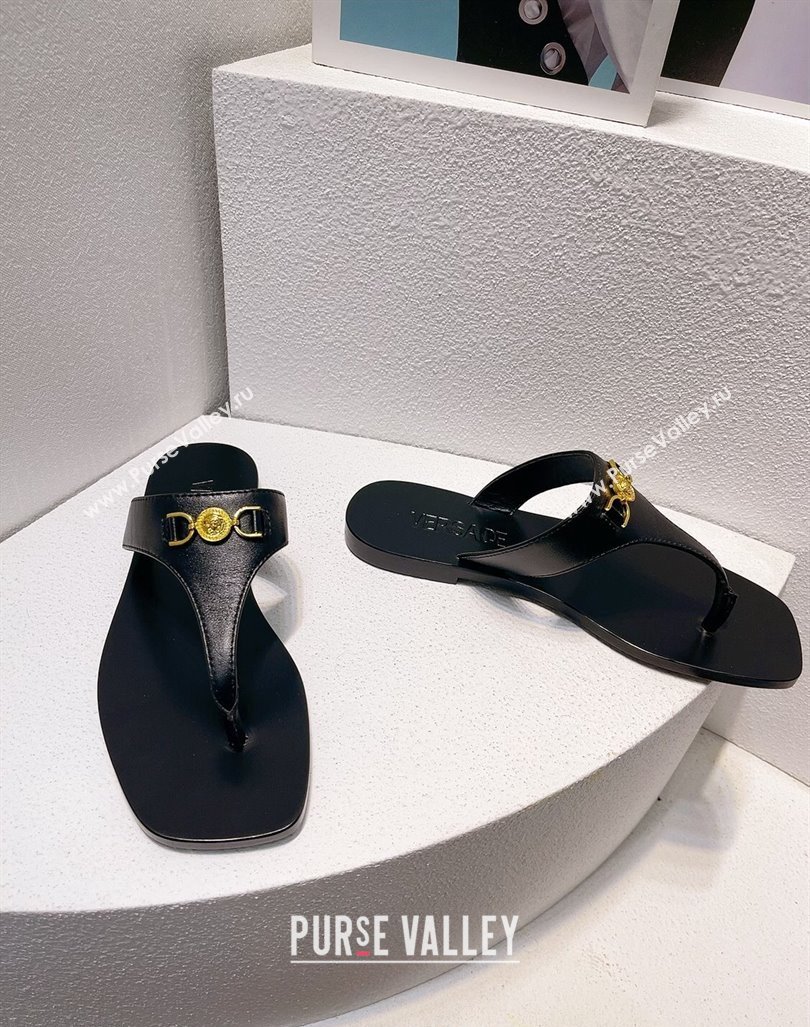 Versace Medusa 95 Calfskin Flat Thong Slides Sandal Black 2024 0612 (MD-240612149)