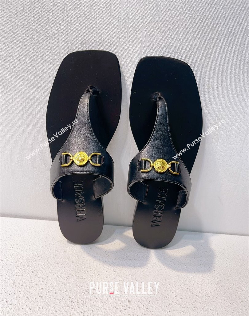 Versace Medusa 95 Calfskin Flat Thong Slides Sandal Black 2024 0612 (MD-240612149)