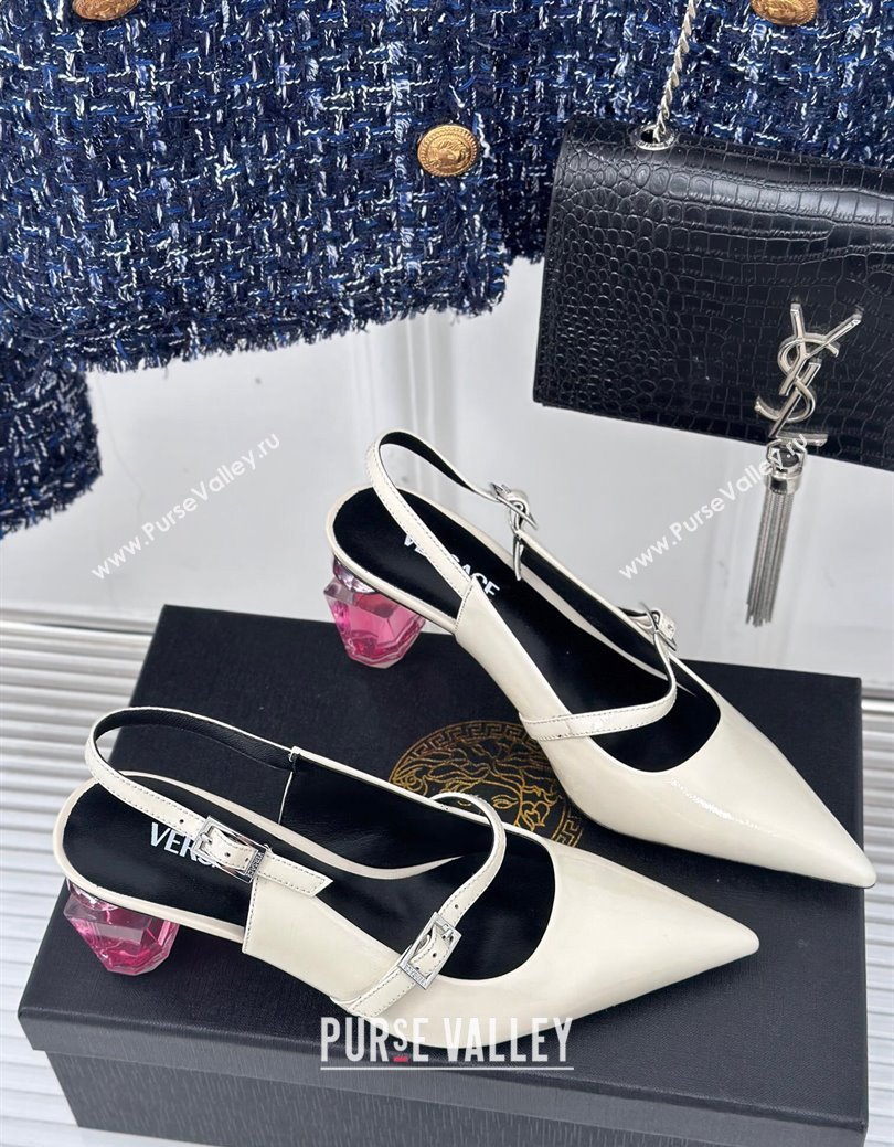 Versace Patent Leather Slingback Pumps with Bottle Heel White 2024 1114 (KL-241114109)