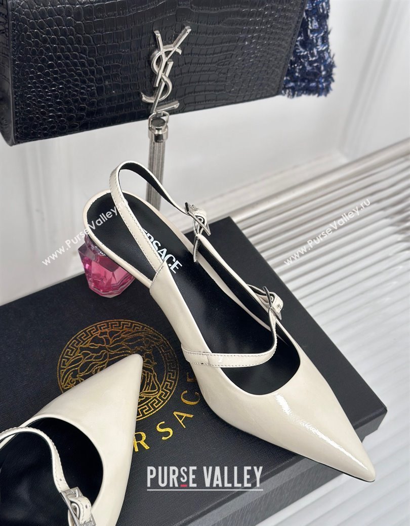 Versace Patent Leather Slingback Pumps with Bottle Heel White 2024 1114 (KL-241114109)