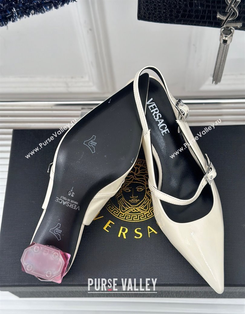 Versace Patent Leather Slingback Pumps with Bottle Heel White 2024 1114 (KL-241114109)