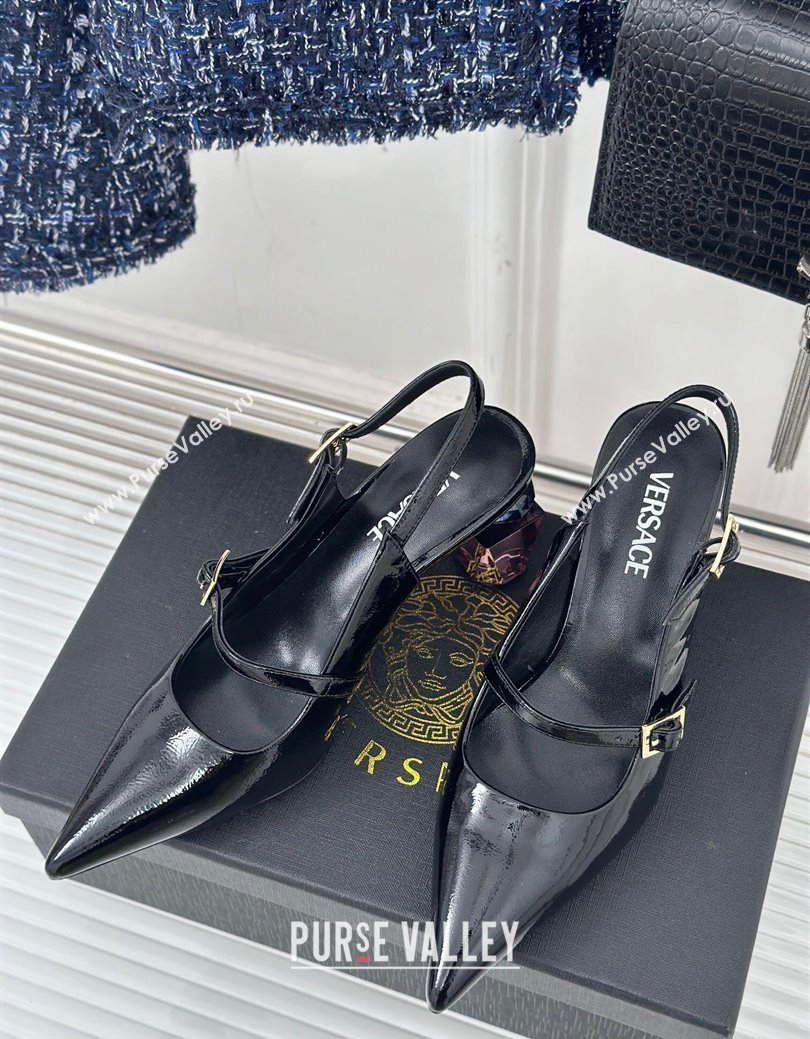 Versace Patent Leather Slingback Pumps with Bottle Heel Black 2024 1114 (KL-241114108)