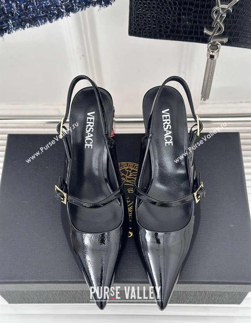 Versace Patent Leather Slingback Pumps with Bottle Heel Black 2024 1114 (KL-241114108)