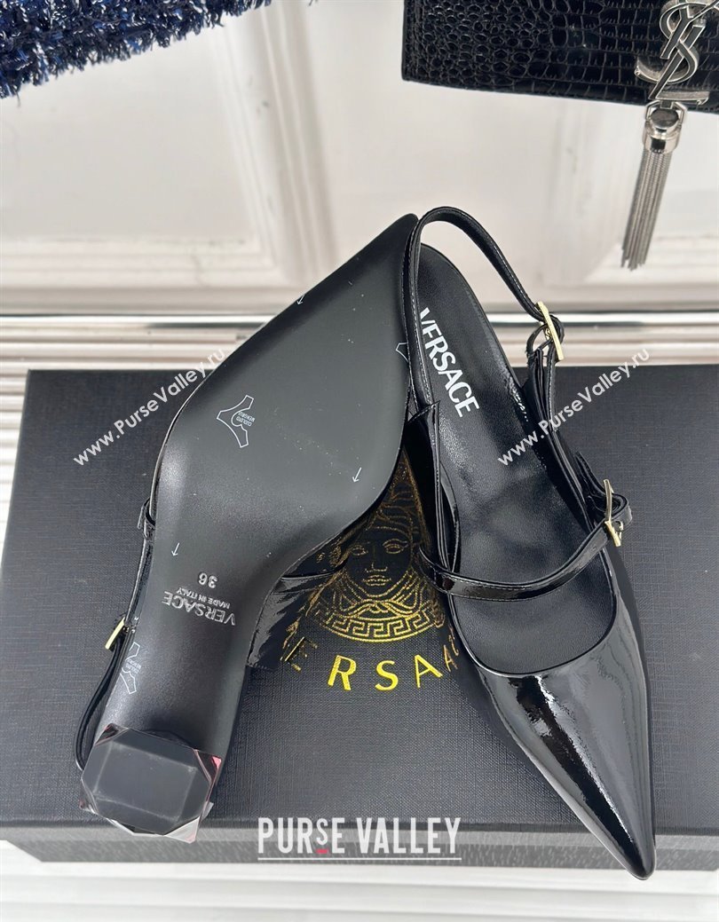 Versace Patent Leather Slingback Pumps with Bottle Heel Black 2024 1114 (KL-241114108)