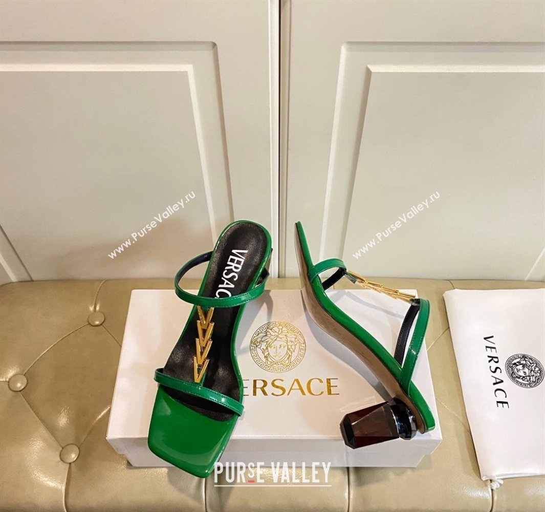 Versace Patent Leather Fragrance Heel Slides Sandal with V-Chain Green 2025 0429 (MD-250429006)
